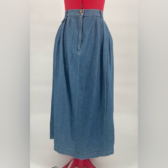 80s Vtg Preswick & Moore High Waist Denim Cotton Pleated Midi Skirt - Picture 1 of 13
